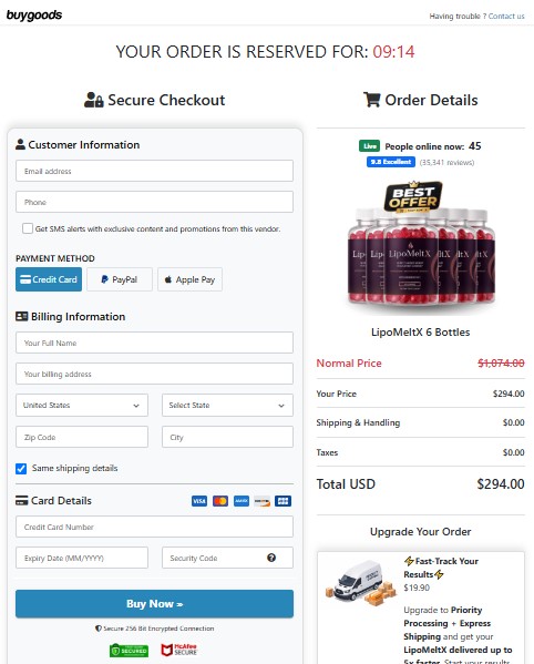LipoMeltX Secure Order Page — Checkout